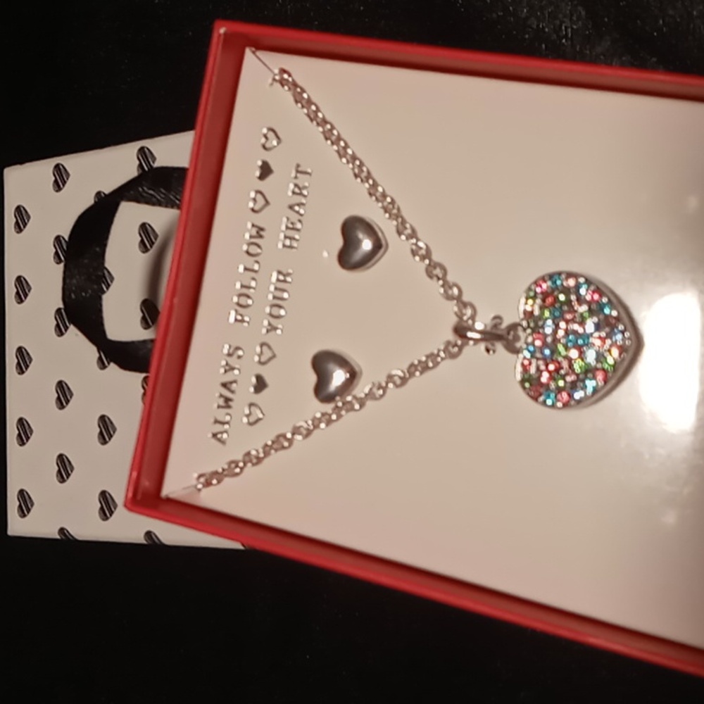 18 inch necklace set always follow your heart. multi color crystals With earring
